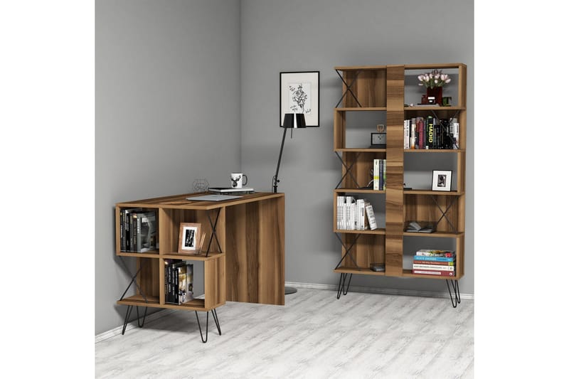 Hovdane Skrivebord 120 cm med Oppbevaring Hylle + Bokhylle, Svart/Eik/Brun