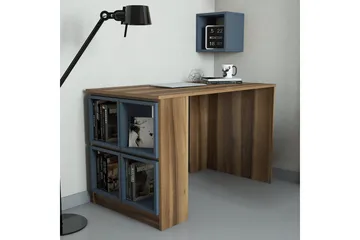 Hovdane Skrivebord 120 cm med Oppbevaring Hylle + Vegghylle - Brun/Blå - Møbler - Bord - Kontorbord - Skrivebord