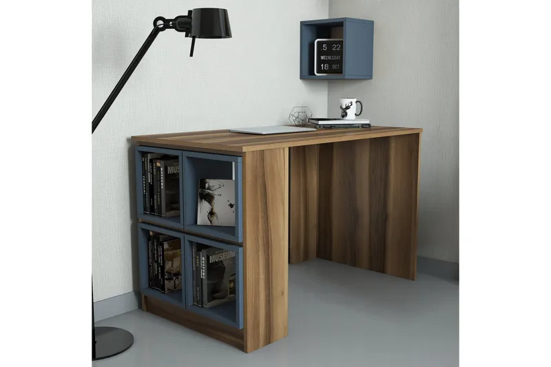 Hovdane Skrivebord 120 cm med Oppbevaring Hylle + Vegghylle - Brun/Blå - Møbler - Bord - Kontorbord - Skrivebord