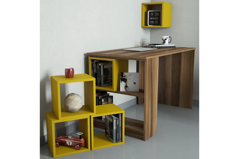 Hovdane Skrivebord 120 cm med Oppbevaring Hylle + Vegghylle, Brun/Gul