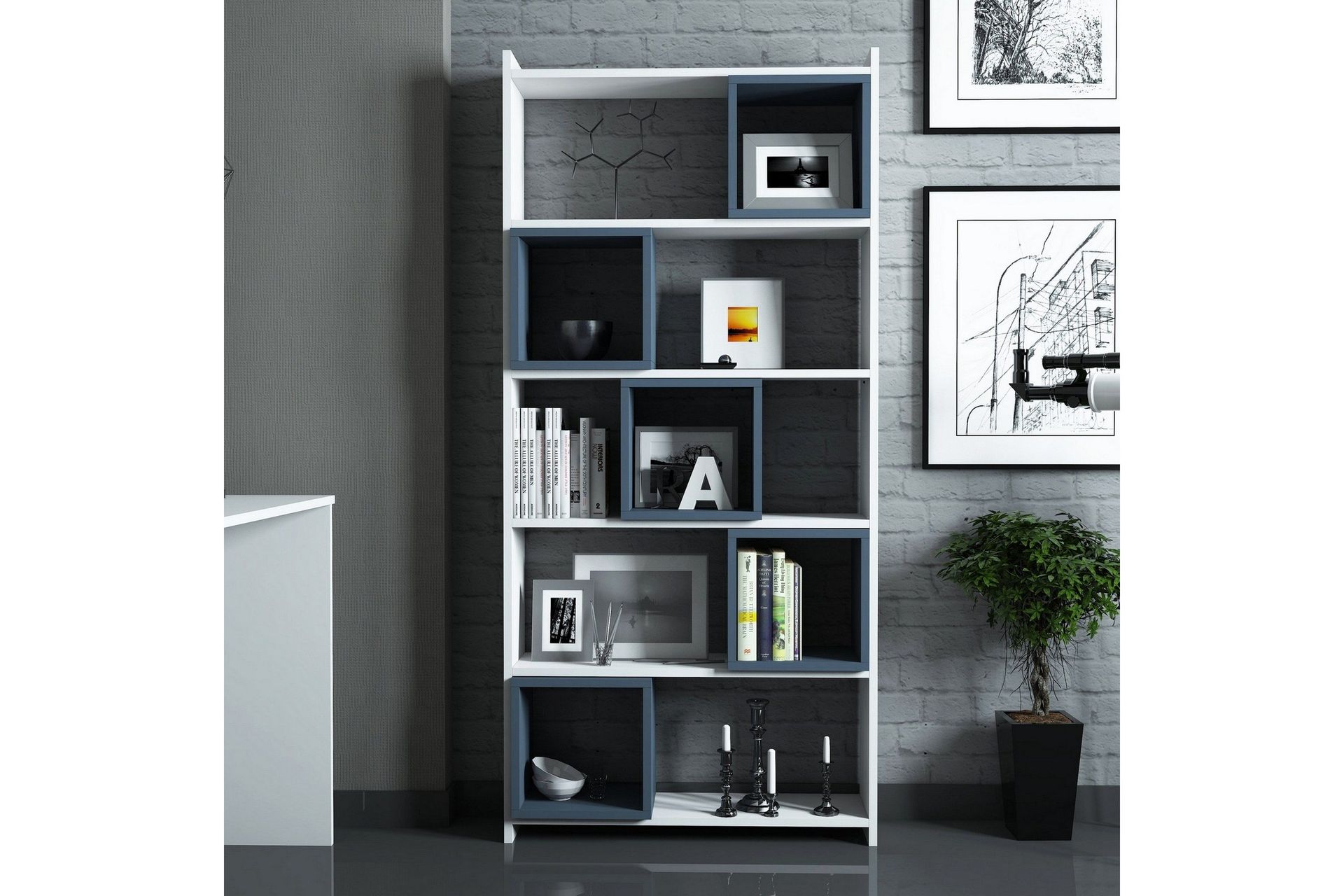 Hovdane Skrivebord 120 cm med Oppbevaring + Vegghylle + - Hvit/Blå