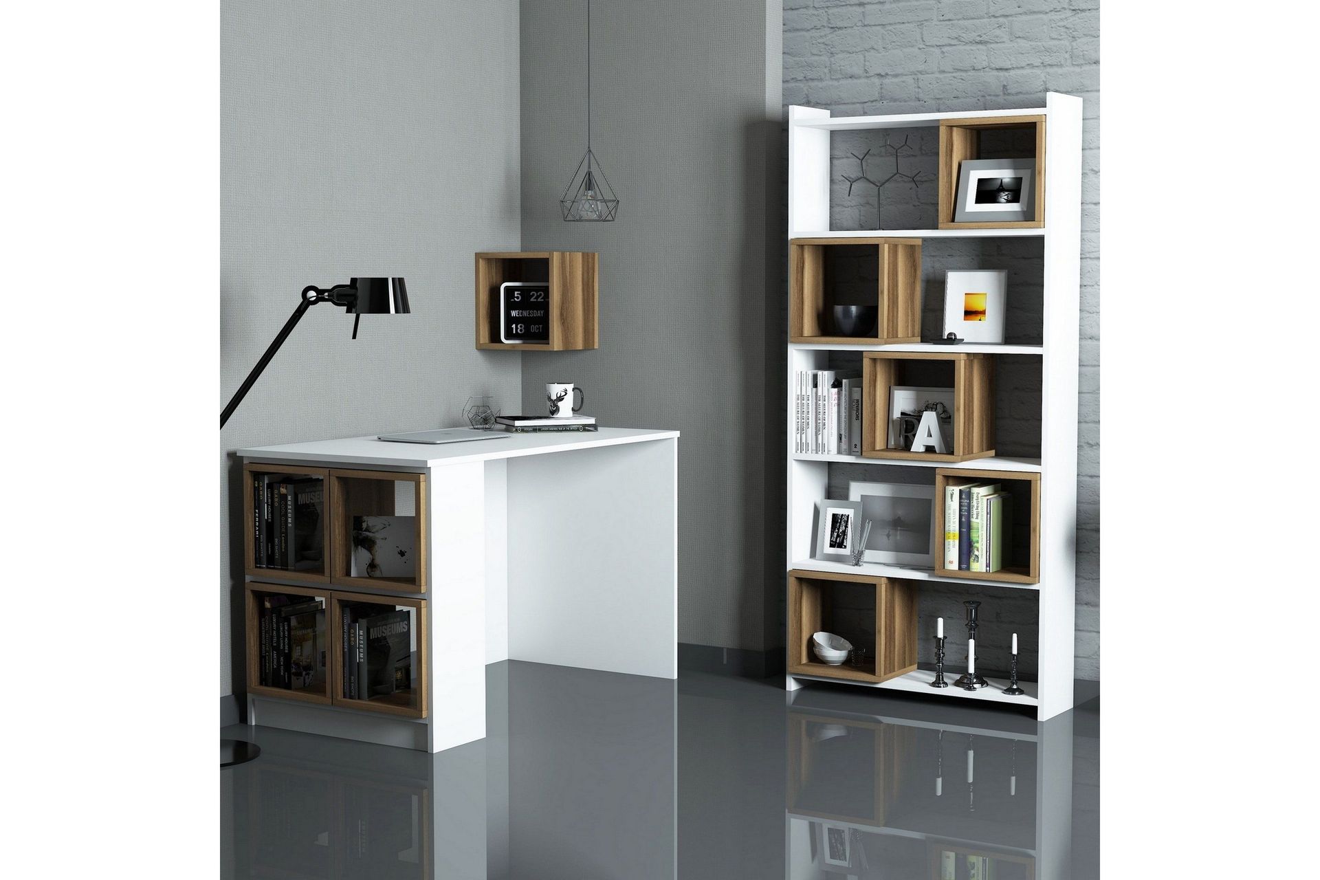 Hovdane Skrivebord 120 cm med Oppbevaring + Vegghylle + - Hvit/Brun