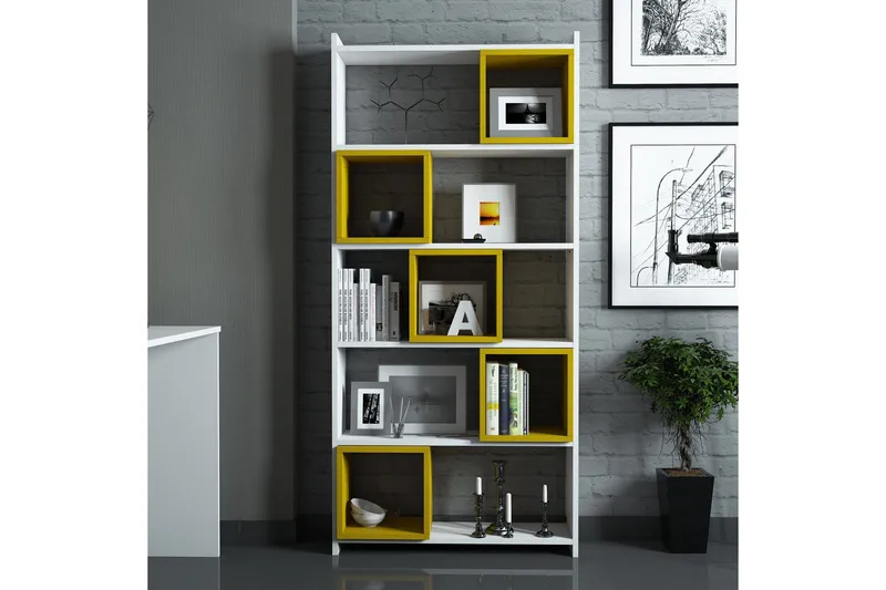 Hovdane Skrivebord 120 cm med Oppbevaring + Vegghylle +, Hvit/Gul