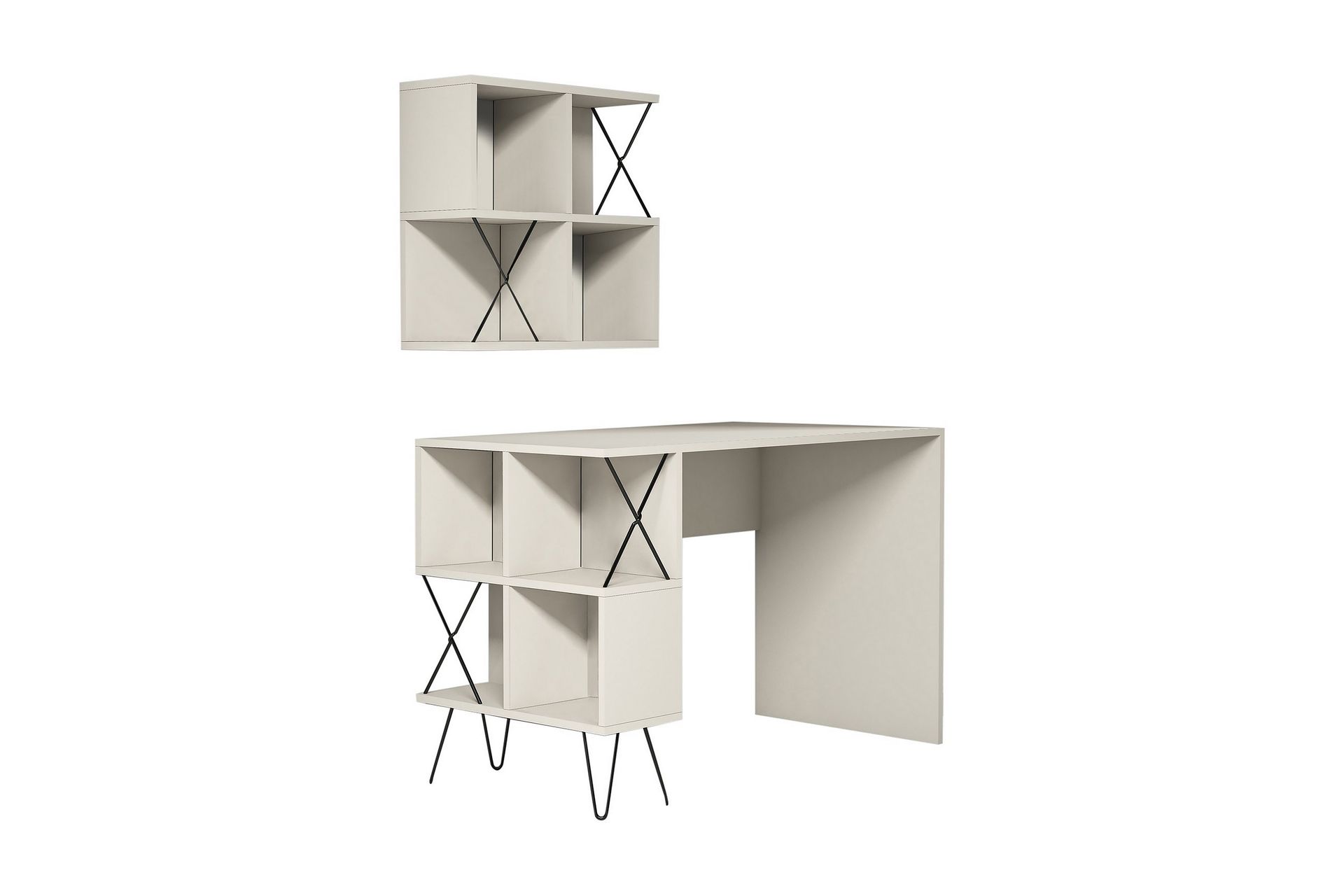 Hovdane Skrivebord 120 cm med Oppbevaringshylle + Bokhylle L - Kremhvit/Svart - Møbler - Bord - Kontorbord - Skrivebord