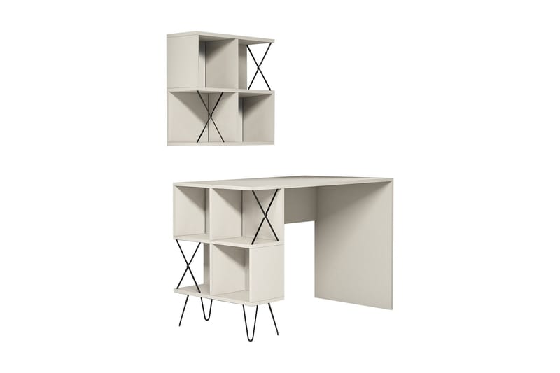 Hovdane Skrivebord 120 cm med Oppbevaringshylle + Bokhylle L, Kremhvit/Svart