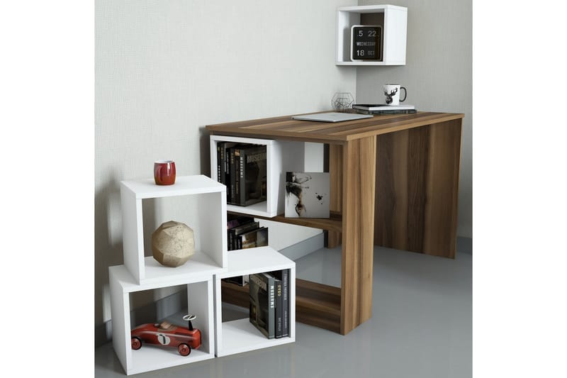 Hovdane Skrivebord 120 med Oppbevaring Hylle + Vegghylle - Brun/Hvit/Eik - Møbler - Bord - Kontorbord - Skrivebord