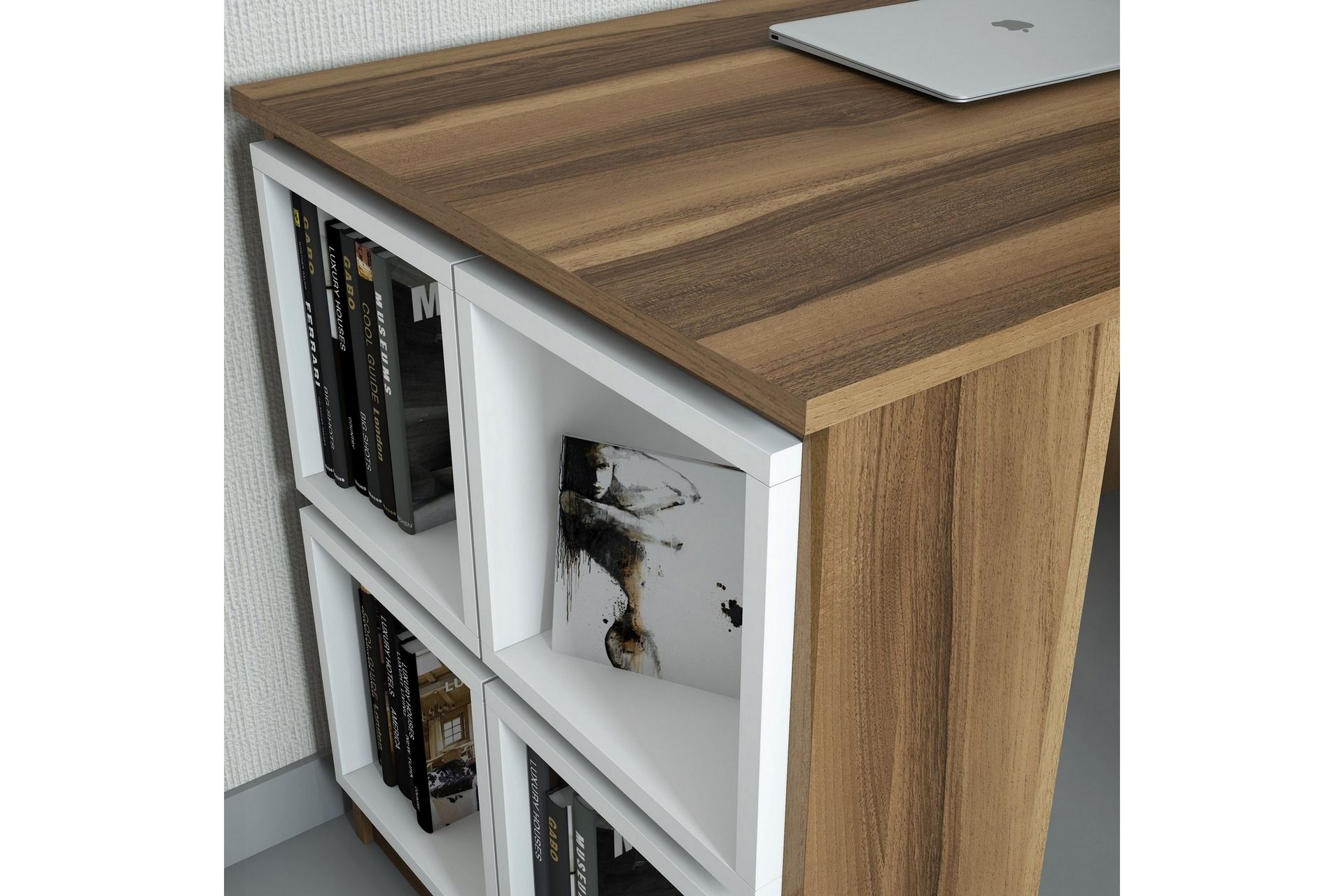 Hovdane Skrivebord 120 med Oppbevaring Hylle + Vegghylle - Brun/Hvit/Eik - Møbler - Bord - Kontorbord - Skrivebord