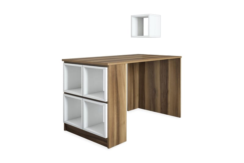 Hovdane Skrivebord 120 med Oppbevaring Hylle + Vegghylle - Brun/Hvit/Eik - Møbler - Bord - Kontorbord - Skrivebord