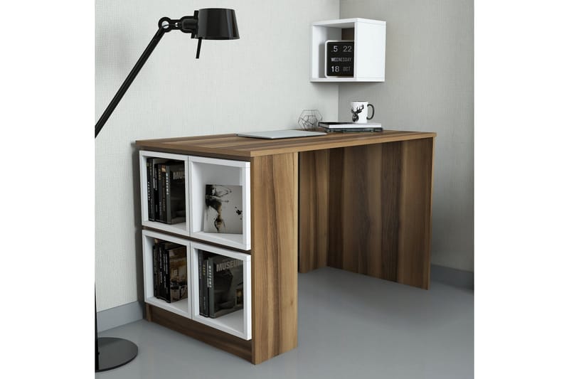 Hovdane Skrivebord 120 med Oppbevaring Hylle + Vegghylle, Brun/Hvit/Eik