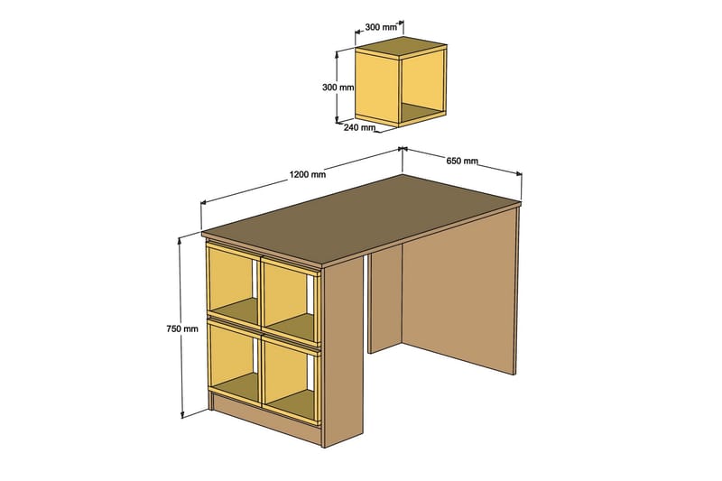 Hovdane Skrivebord 120 med Oppbevaring Hylle + Vegghylle - Hvit/Brun/Eik - Skrivebord