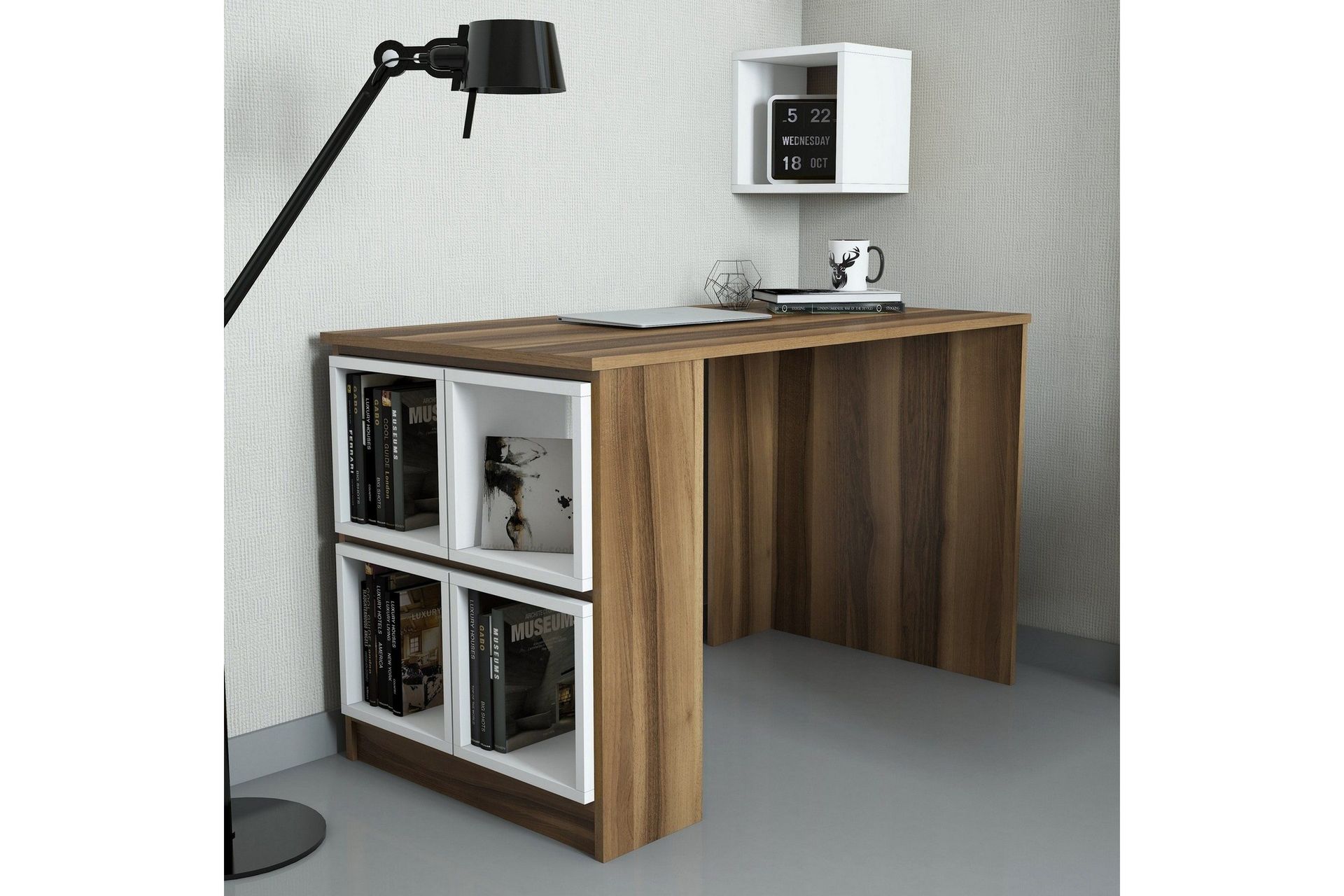 Hovdane Skrivebord 120 med Oppbevaring Hylle + Vegghylle - Brun/Hvit/Eik