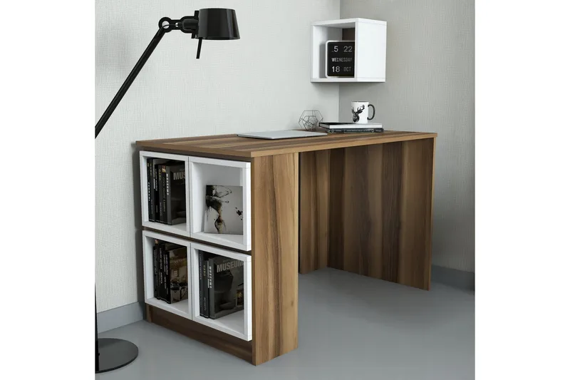 Hovdane Skrivebord 120 med Oppbevaring Hylle + Vegghylle, Brun/Hvit/Eik