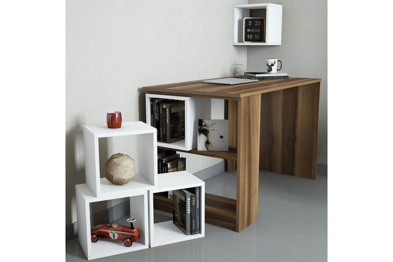 Hovdane Skrivebord 120 med Oppbevaring Hylle + Vegghylle - Brun/Hvit/Eik - Møbler - Bord - Kontorbord - Skrivebord