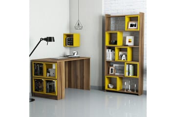 Hovdane Skrivebord 120cm med Oppbevaring Hylle+Vegghylle+Bok - Brun/Gul - Møbler - Bord - Kontorbord - Skrivebord