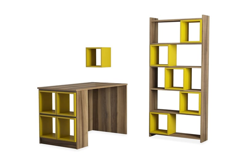 Hovdane Skrivebord 120cm med Oppbevaring Hylle+Vegghylle+Bok, Brun/Gul