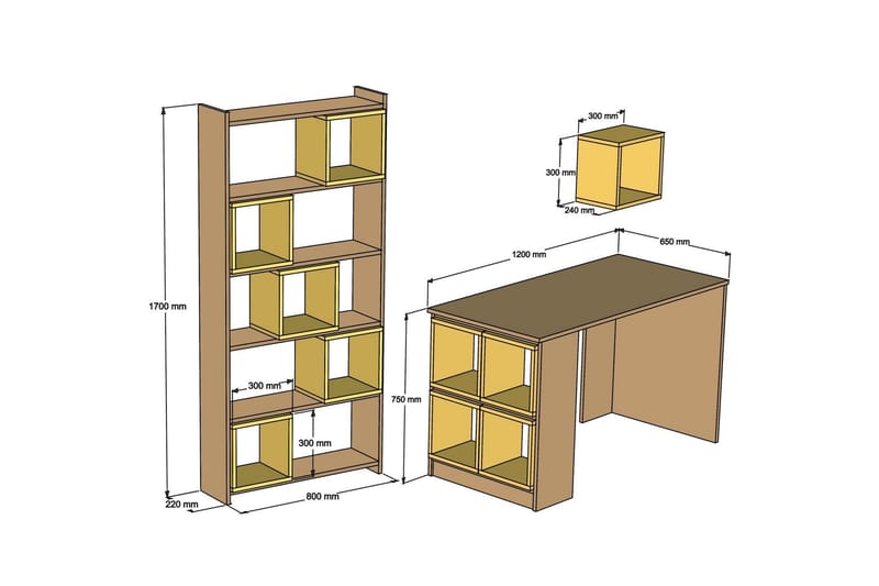 Hovdane Skrivebord 120cm med Oppbevaring Hylle+Vegghylle+Bok - Lysebrun - Møbler - Bord - Kontorbord - Skrivebord