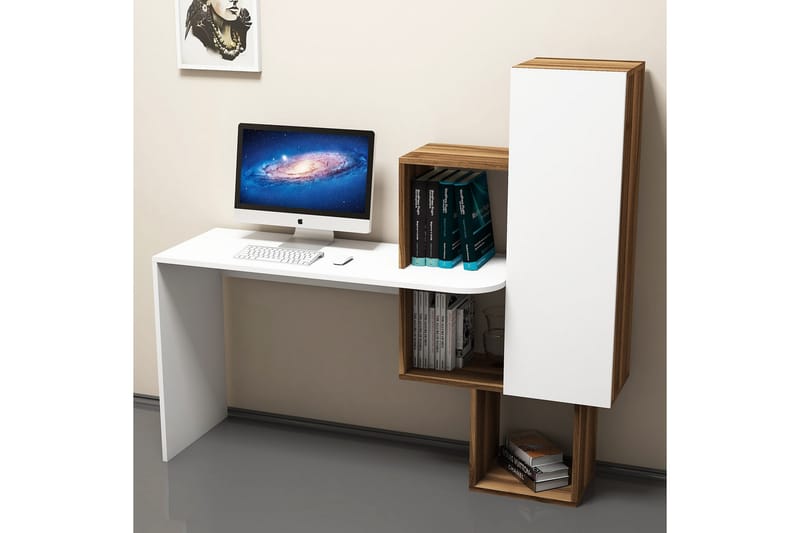 Hovdane Skrivebord 145 cm med Oppbevaringshyller + Skap - Brun/Hvit - Skrivebord