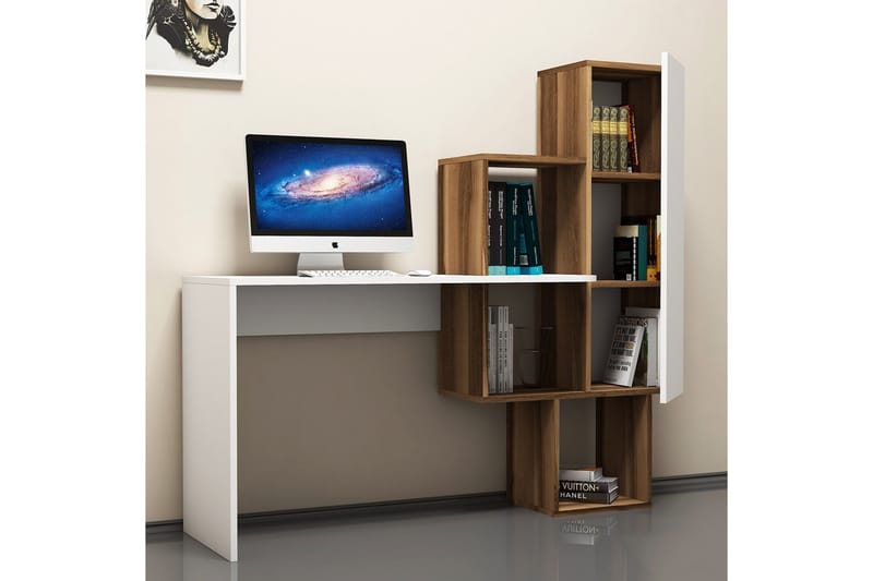 Hovdane Skrivebord 145 cm med Oppbevaringshyller + Skap - Brun/Hvit - Møbler - Bord - Kontorbord - Skrivebord