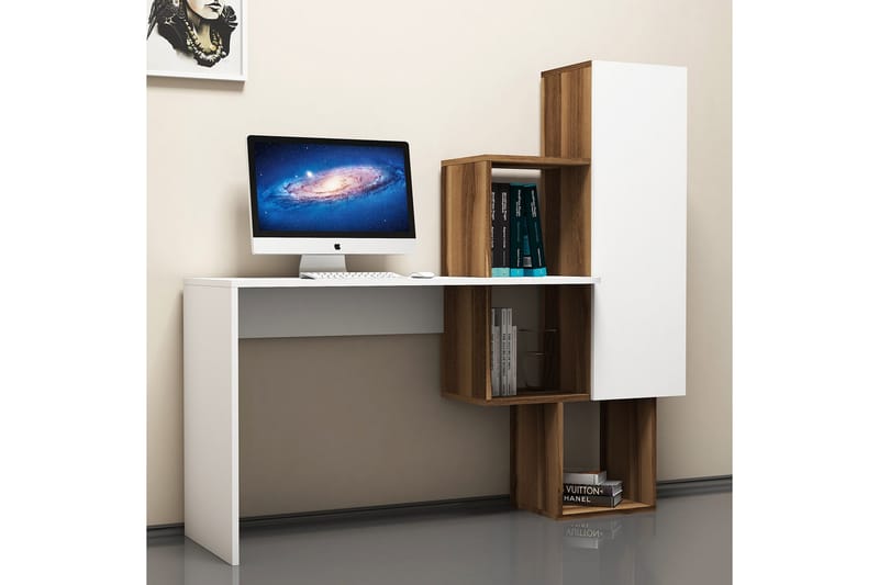 Hovdane Skrivebord 145 cm med Oppbevaringshyller + Skap - Brun/Hvit - Møbler - Bord - Kontorbord - Skrivebord