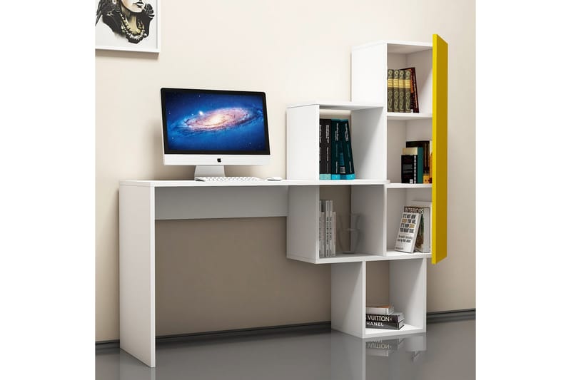 Hovdane Skrivebord 145 cm med Oppbevaringshyller + Skap - Hvit/Gul - Skrivebord