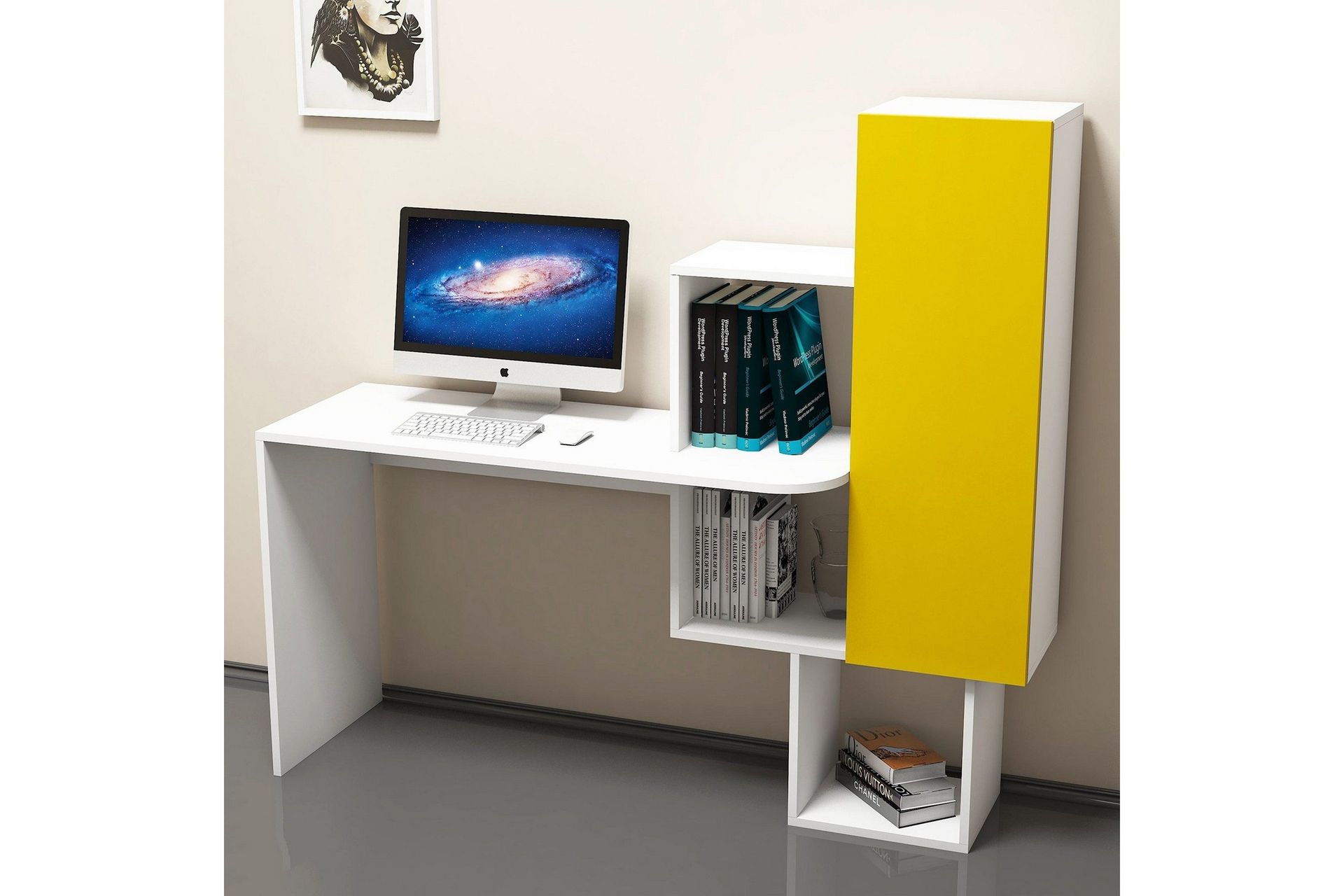 Hovdane Skrivebord 145 cm med Oppbevaringshyller + Skap - Hvit/Gul