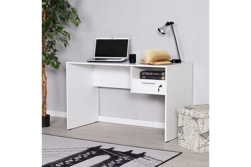 Irbene Skrivebord 120 cm med Oppbevaring Hyller + Låsbar Sku - Hvit - Skrivebord