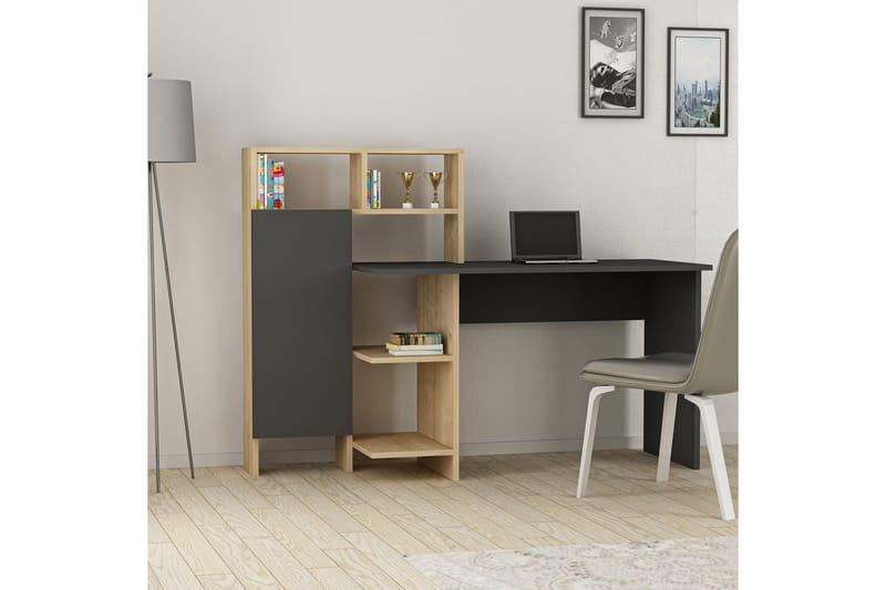 Irbene Skrivebord 135 cm med Oppbevaring Hyller + Skap - Antrasitt/Natur - Møbler - Bord - Kontorbord - Skrivebord