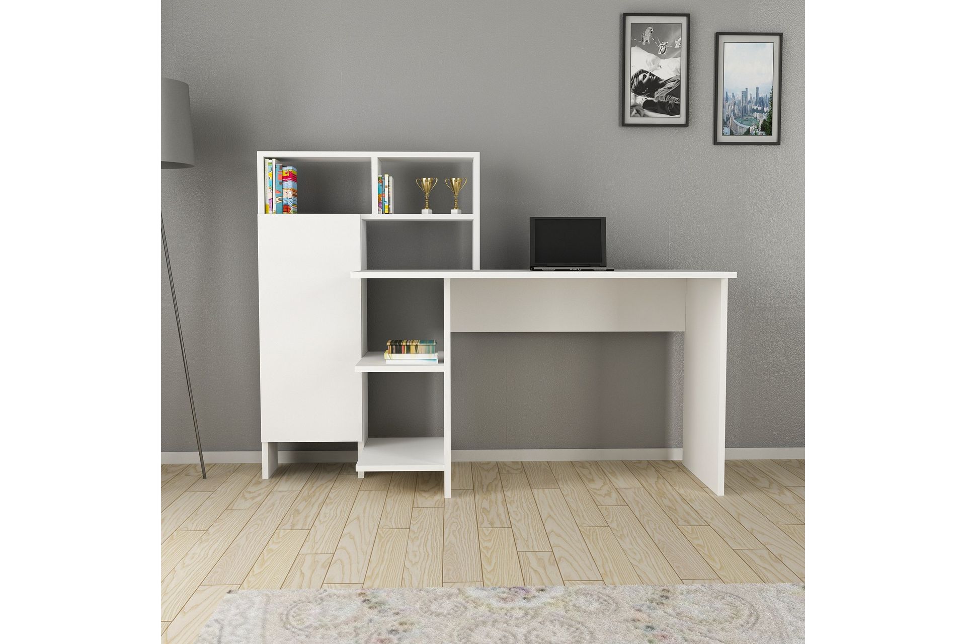 Irbene Skrivebord 135 cm med Oppbevaring Hyller + Skap - Hvit - Møbler - Bord - Kontorbord - Skrivebord