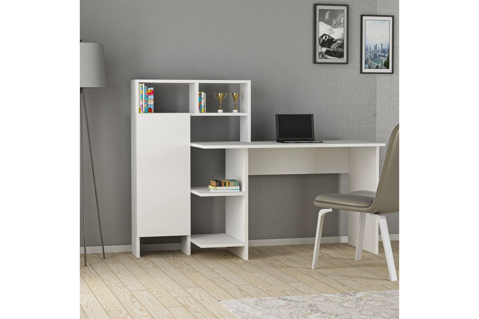 Irbene Skrivebord 135 cm med Oppbevaring Hyller + Skap - Hvit - Møbler - Bord - Kontorbord - Skrivebord
