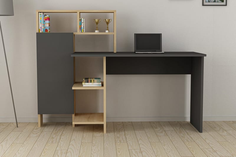 Irbene Skrivebord 135 cm med Oppbevaring Hyller + Skap - Natur/Antracit - Møbler - Bord - Kontorbord - Skrivebord