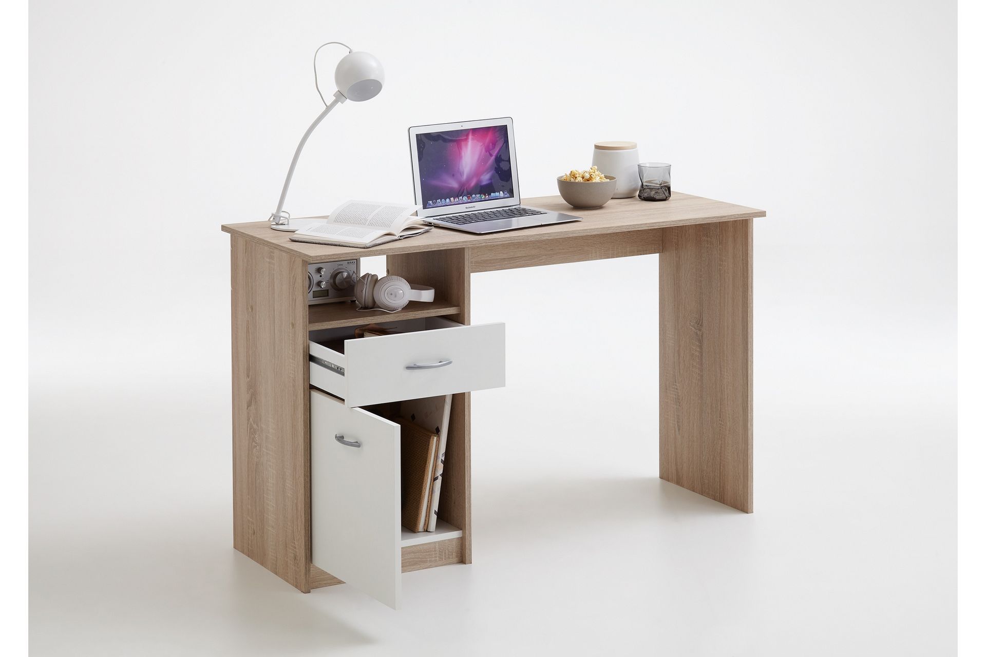 Jackson Skrivebord 123 cm med Oppbevaring Hylle + Skuff + Sk - Hvit/Tre - Møbler - Bord - Kontorbord - Skrivebord