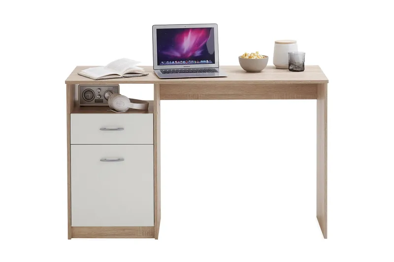 Jackson Skrivebord 123 cm med Oppbevaring Hylle + Skuff + Sk, Hvit/Tre