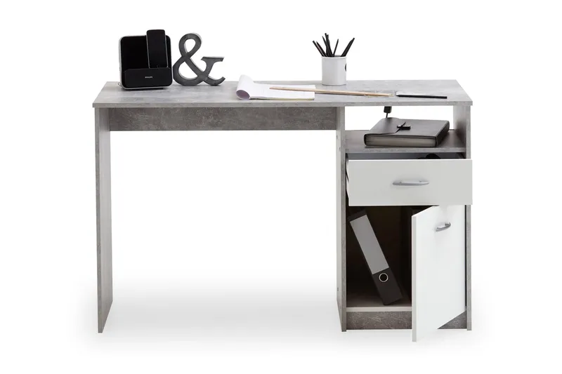 Jackson Skrivebord 123 cm med Oppbevaring Skuff + Skap + Hyl, Betonggrå/Hvit