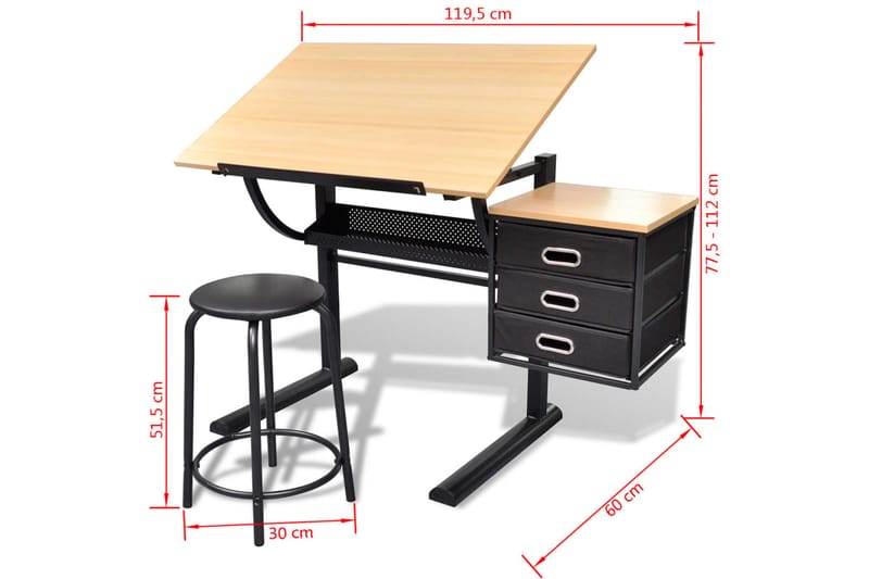 Justerbart tegnebord med 3 skuffer og stol - Skrivebord
