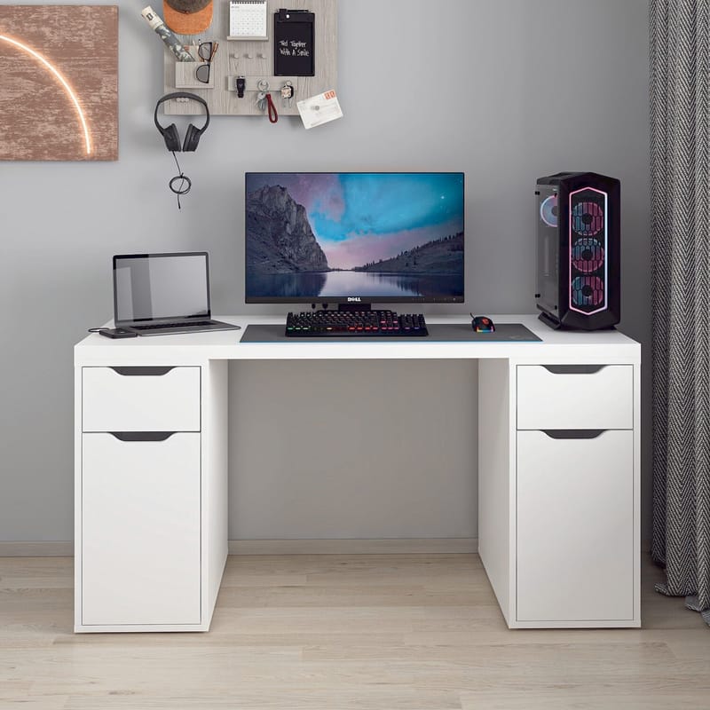 Skrivebord Kalune Design Alen 150 cm (150 x 75 x 60 cm) Hvit 2 skuffer 2 skap - Hvit - Møbler - Bord - Kontorbord - Skrivebord