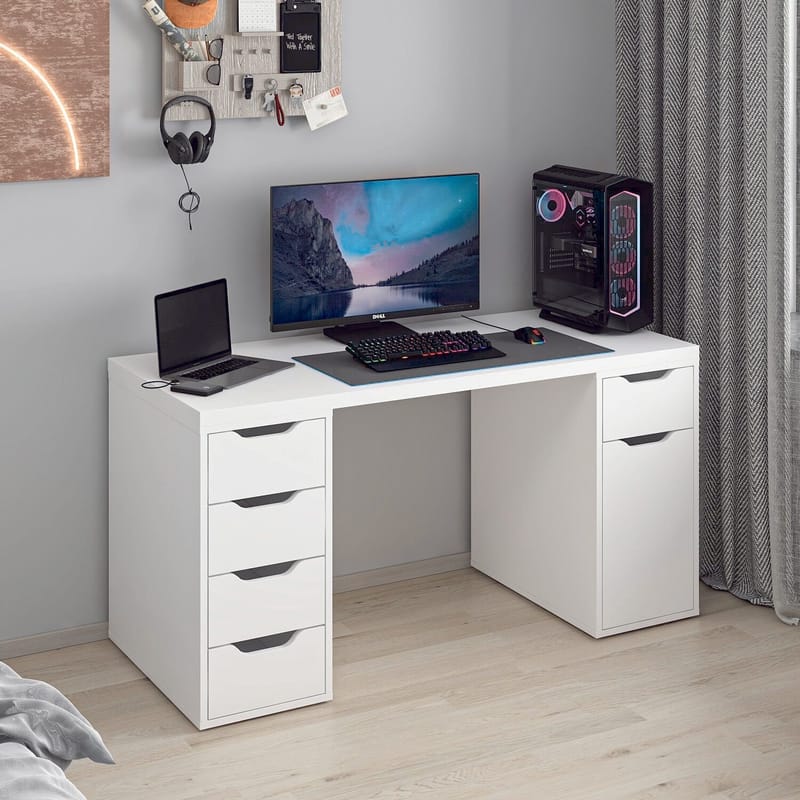 Skrivebord Kalune Design Alen 150 cm (150 x 75 x 60 cm) Hvit 5 skuffer - Hvit - Møbler - Bord - Kontorbord - Skrivebord