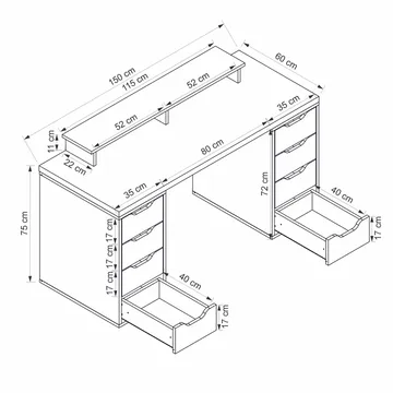 Skrivebord Kalune Design Alen 150 cm (150 x 75 x 60 cm) Hvit 8 skuffer - Hvit - Møbler - Bord - Kontorbord - Skrivebord