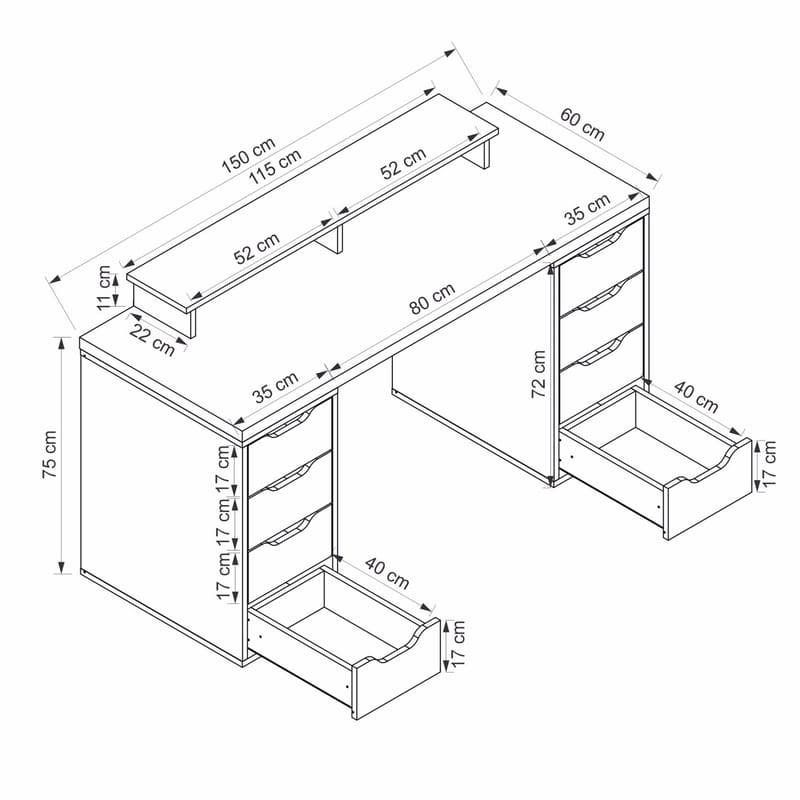 Skrivebord Kalune Design Alen 150 cm (150 x 75 x 60 cm) Hvit 8 skuffer - Hvit - Møbler - Bord - Kontorbord - Skrivebord