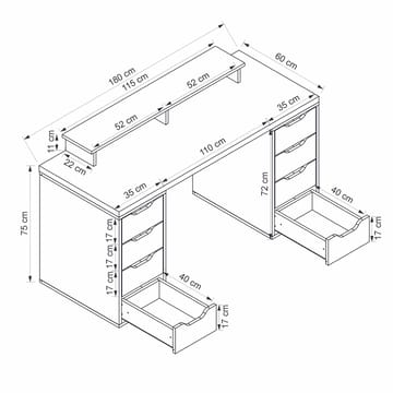 Skrivebord Kalune Design Alen 180 cm (180 x 75 x 60 cm) Antrasitt 8 skuffer - Antrasitt - Møbler - Bord - Kontorbord - Skrivebord