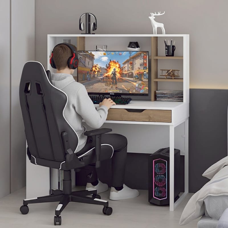 Skrivebord Kalune Design Mila (120 x 132 x 60 cm) hvit valnøtt - Hvit og valnøtt - Møbler - Bord - Kontorbord - Skrivebord