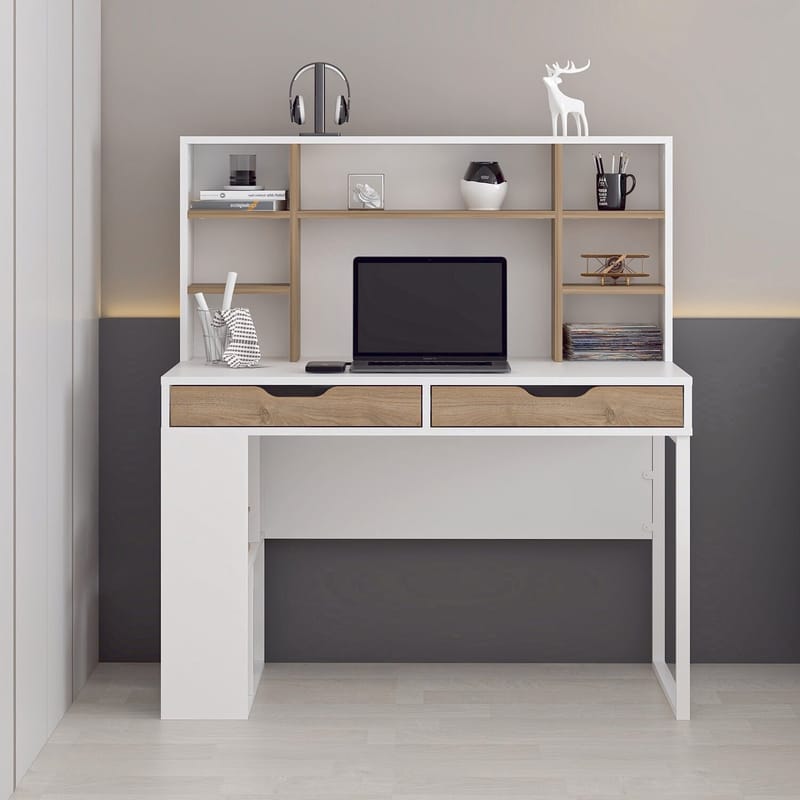 Skrivebord Kalune Design Mila (120 x 132 x 60 cm) hvit valnøtt - Hvit og valnøtt - Møbler - Bord - Kontorbord - Skrivebord