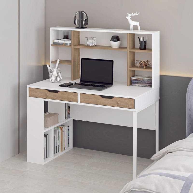 Skrivebord Kalune Design Mila (120 x 132 x 60 cm) hvit valnøtt - Hvit og valnøtt - Møbler - Bord - Kontorbord - Skrivebord