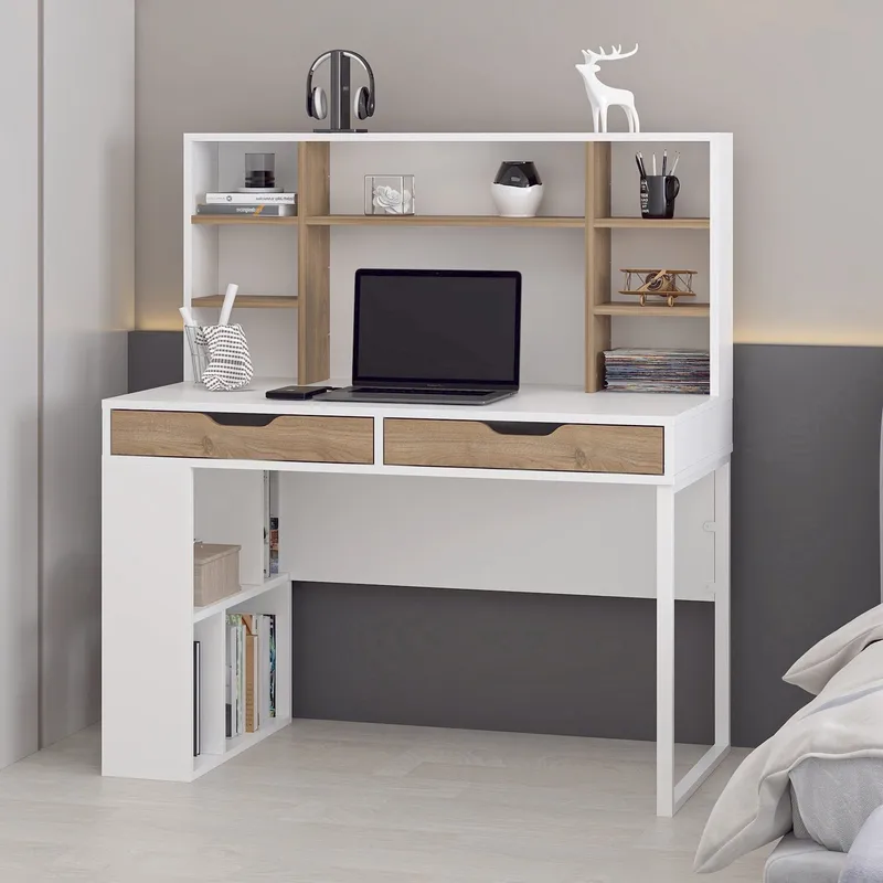 Skrivebord Kalune Design Mila (120 x 132 x 60 cm) hvit valnøtt - Hvit og valnøtt - Møbler - Bord - Kontorbord - Skrivebord