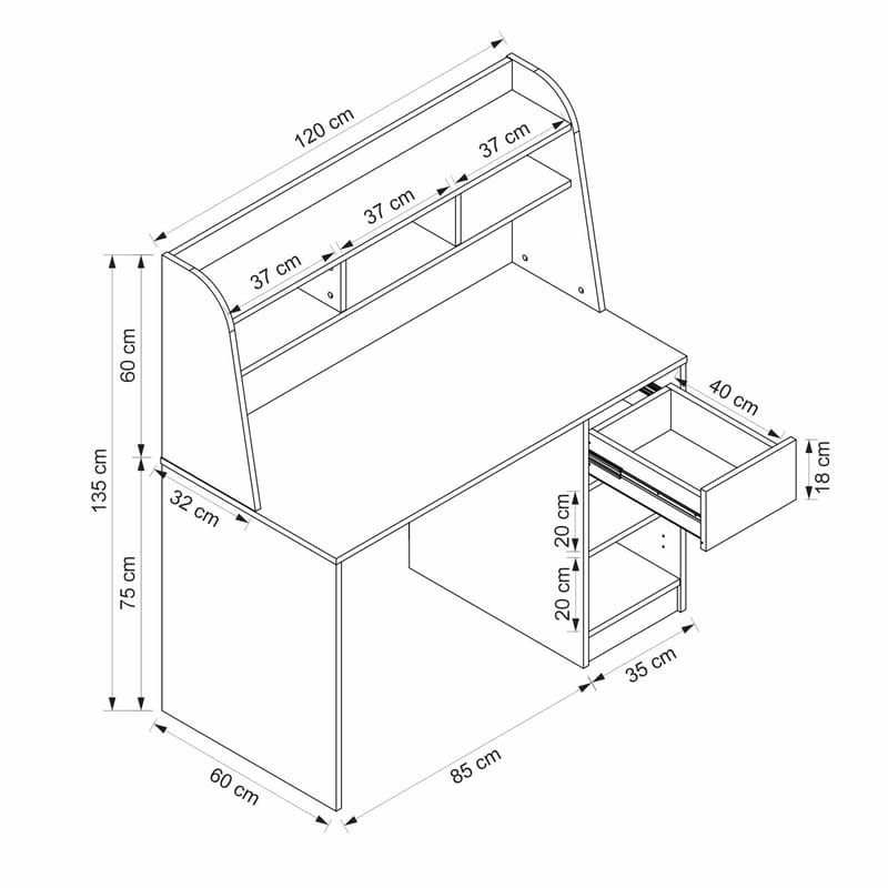 Skrivebord Kalune Design Orina (120 x 135 x 60 cm) Hvit valnøtt - Hvit og valnøtt - Møbler - Bord - Kontorbord - Skrivebord