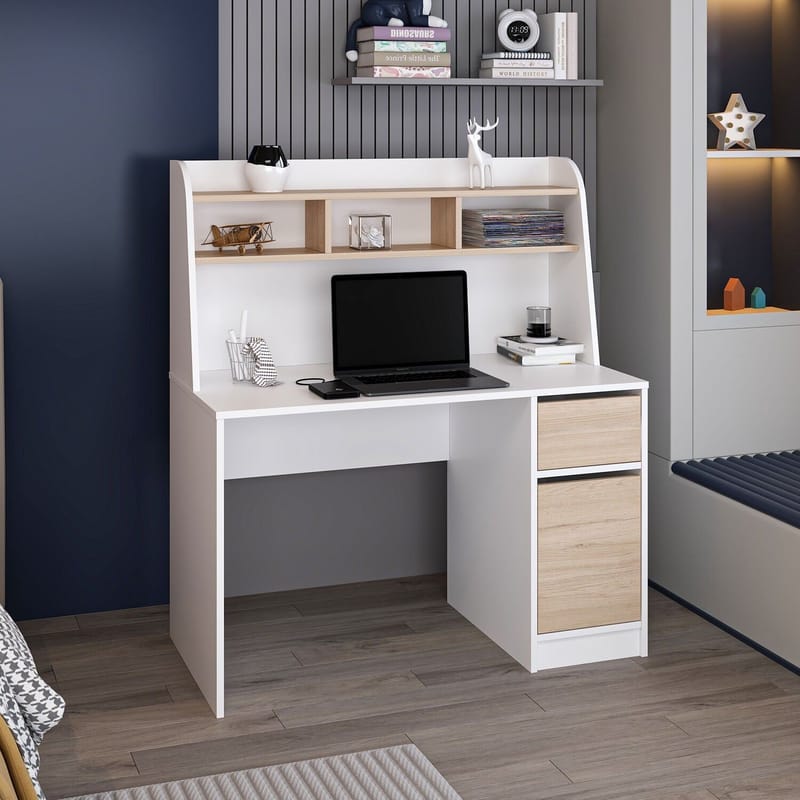 Skrivebord Kalune Design Orina (120 x 135 x 60 cm) Hvit valnøtt - Hvit og valnøtt - Møbler - Bord - Kontorbord - Skrivebord
