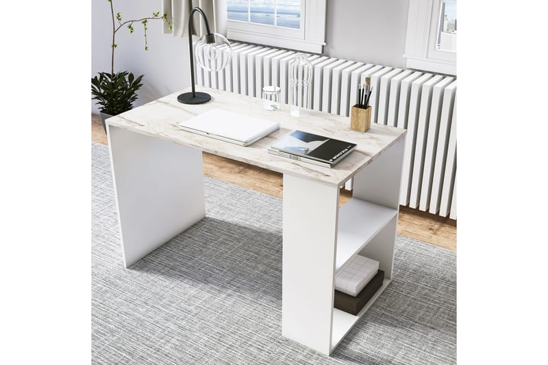 Karakum Skrivebord 112 cm med Oppbevaringshylle Marmormønste - Hvit - Skrivebord