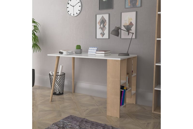Keachi Hvito Skrivebord 120 cm med Oppbevaringshyller - Natur/Hvit - Skrivebord