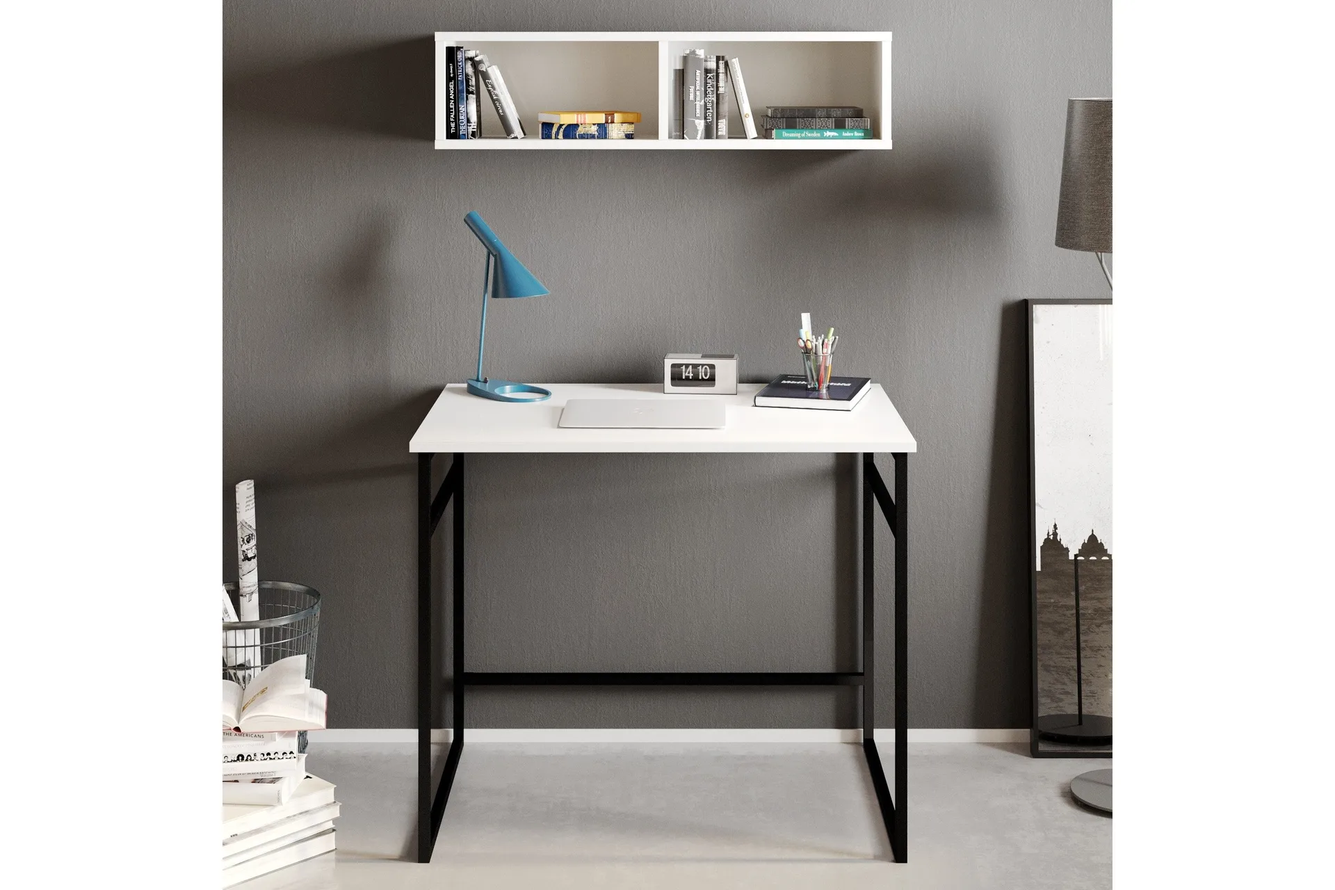 Klingbo Skrivebord 90 cm med Oppbevaring Vegghylle - Hvit