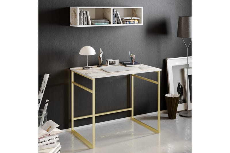 Klingbo Skrivebord 90 cm med Oppbevaring Vegghylle Marmormøn - Guld - Møbler - Bord - Kontorbord - Skrivebord