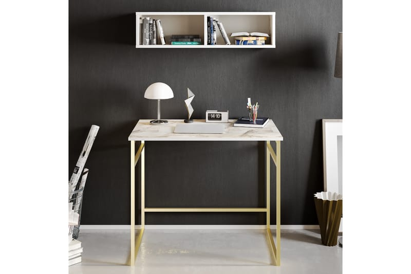 Klingbo Skrivebord 90 cm med Oppbevaring Vegghylle Marmormøn - Guld - Skrivebord
